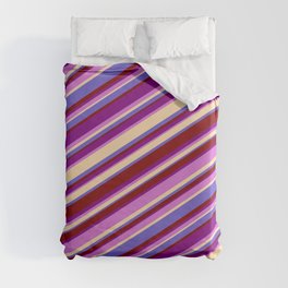 [ Thumbnail: Eyecatching Purple, Orchid, Tan, Slate Blue & Maroon Colored Lined Pattern Duvet Cover ]