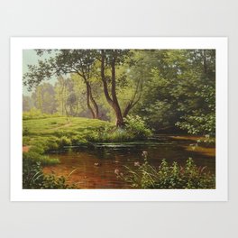 River and Summer Flowers along the forest path flora and fauna oil on canvas river landscape painting by René Charles Edmond His Art Print
