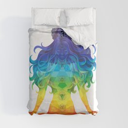 Woman with Colored Chakras in Lotus Position Duvet Cover