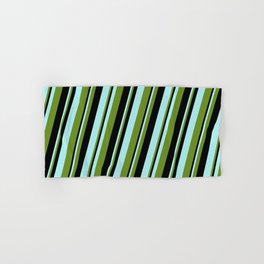 [ Thumbnail: Turquoise, Green & Black Colored Lines/Stripes Pattern Hand & Bath Towel ]