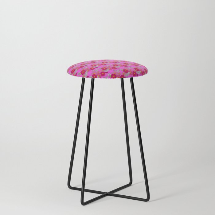 Retro Modern Mid-Century Mums Floral Wallpaper Hot Pink Mini Horizontal Counter Stool