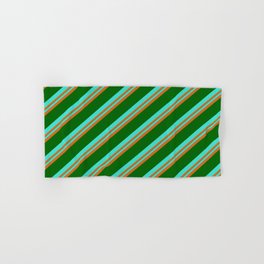 [ Thumbnail: Turquoise, Chocolate & Dark Green Colored Stripes Pattern Hand & Bath Towel ]