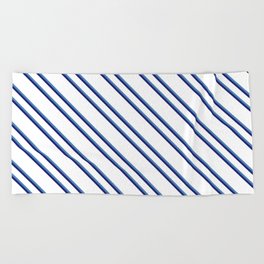 [ Thumbnail: White, Blue & Midnight Blue Colored Striped Pattern Beach Towel ]