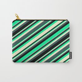 [ Thumbnail: Green, Light Yellow, Dark Slate Gray & Black Colored Lined/Striped Pattern Carry-All Pouch ]