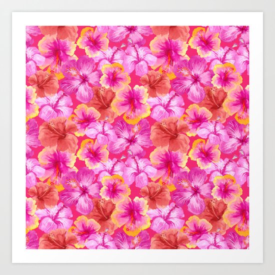 Tropical hibiscus flowers flower floral pattern on pink Art Print