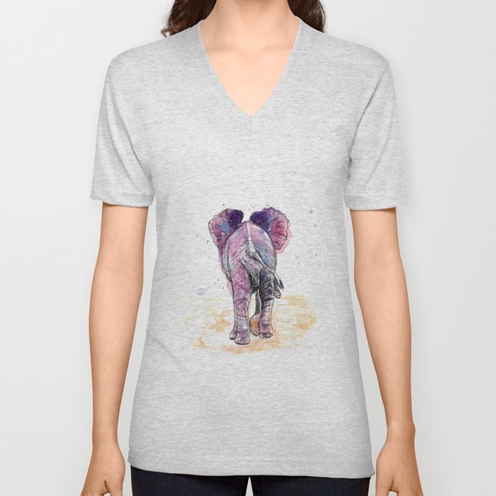 Pink Elephant on Parade V Neck T Shirt