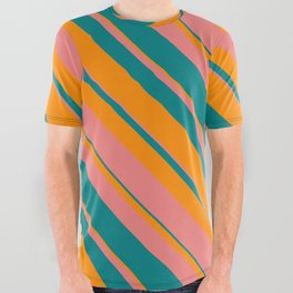 [ Thumbnail: Light Coral, Teal & Dark Orange Colored Striped Pattern All Over Graphic Tee ]