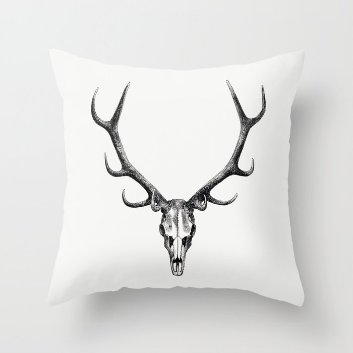Stag skull drawing, The Great and Small Game of India Throw Pillow