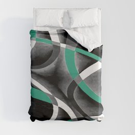Eighties Turquoise White Grey Line Curve Pattern On Black Duvet Cover