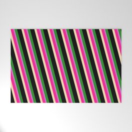 [ Thumbnail: Vibrant Deep Pink, Beige, Black, Forest Green, and Orchid Colored Lines Pattern Welcome Mat ]