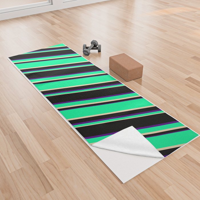 Green, Tan, Black, and Indigo Colored Lines/Stripes Pattern Yoga Towel