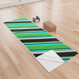[ Thumbnail: Cyan, Lime Green, Lavender, and Black Colored Pattern of Stripes Yoga Towel ]