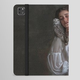 The haunting; young woman in pearl white Victorian gown with snowy owl perched on her shoulder female magical realism portrait photograph / photography iPad Folio Case