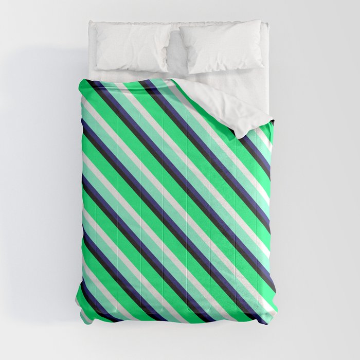 Eyecatching Green, White, Aquamarine, Midnight Blue & Black Colored Stripes Pattern Comforter