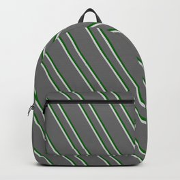 [ Thumbnail: Dim Grey, Dark Green, and Light Grey Colored Stripes Pattern Backpack ]