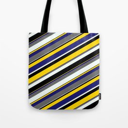 [ Thumbnail: Eyecatching Dim Grey, Mint Cream, Black, Yellow, and Midnight Blue Colored Stripes Pattern Tote Bag ]