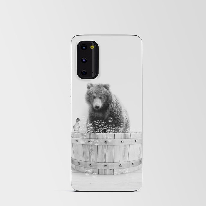 Bear in Wooden Bathtub, Bear and Duckling, Black and White, Bathtub Animal Art Print By Synplus Android Card Case