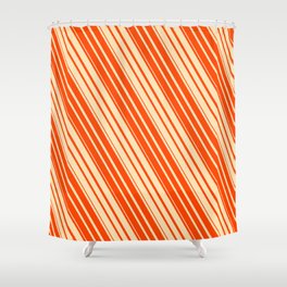 [ Thumbnail: Beige and Red Colored Striped Pattern Shower Curtain ]
