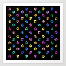 Cute colorful paws for cats and dog lovers on black Art Print