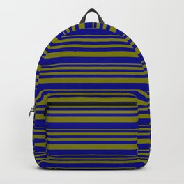 [ Thumbnail: Green & Dark Blue Colored Striped/Lined Pattern Backpack ]