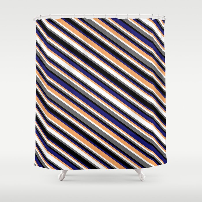 Colorful Brown, White, Dim Gray, Black & Midnight Blue Colored Lines Pattern Shower Curtain