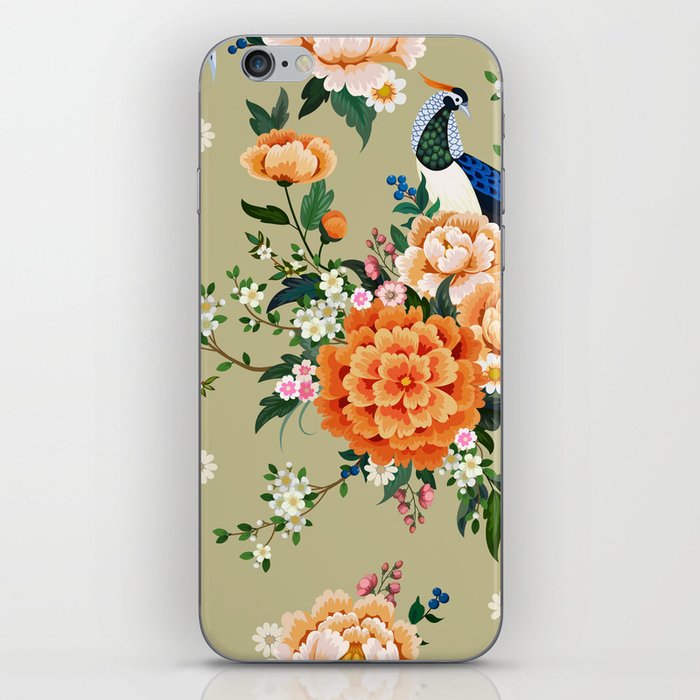 Beautiful seamless pattern with diamond pheasant sitting on peony branch with blooming sakura, plum and daisies, summer dress in Chinese style iPhone Skin