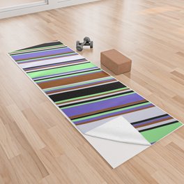 [ Thumbnail: Eyecatching Slate Blue, Brown, Lavender, Black & Green Colored Stripes Pattern Yoga Towel ]