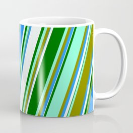 [ Thumbnail: Aquamarine, Green, Blue, Mint Cream, and Dark Green Colored Lined/Striped Pattern Coffee Mug ]