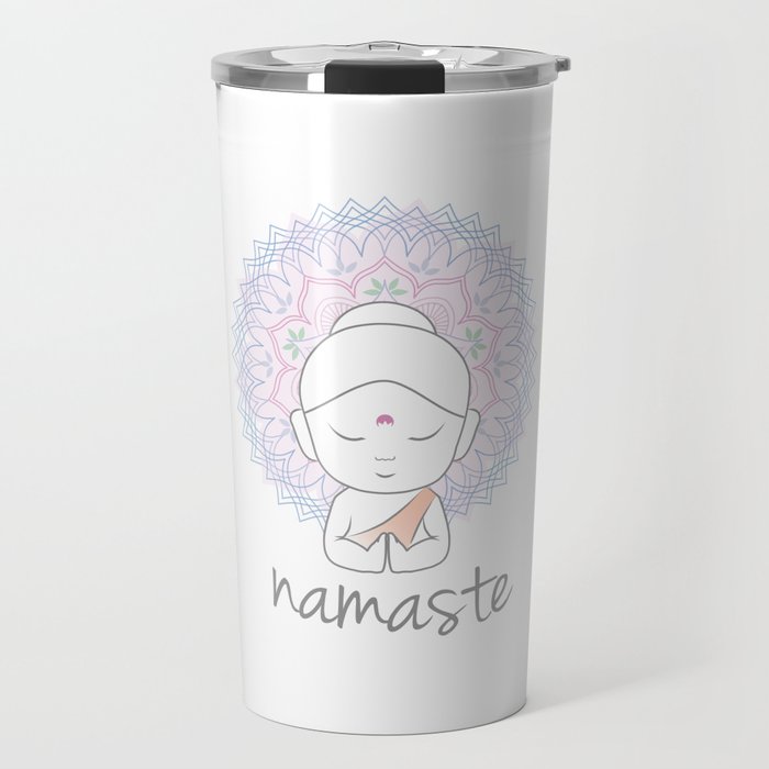 Cute Buddha sending greetings The word 'Namaste' is a respectful greeting also called 'Namaskar' Travel Mug