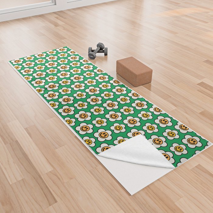 Bold And Funky Flower Smileys Pattern (Green BG) Yoga Towel