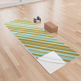 [ Thumbnail: Dark Goldenrod & Turquoise Colored Lines/Stripes Pattern Yoga Towel ]