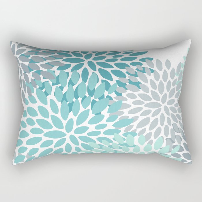 Floral Pattern, Aqua, Teal, Turquoise and Gray Rectangular Pillow