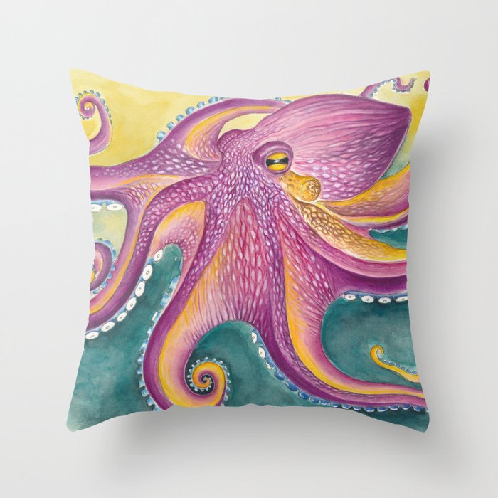 Purple Yellow Rainbow Octopus Tentacles Watercolor ink Throw Pillow