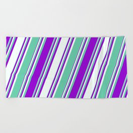 [ Thumbnail: Aquamarine, Dark Violet, and Mint Cream Colored Stripes/Lines Pattern Beach Towel ]