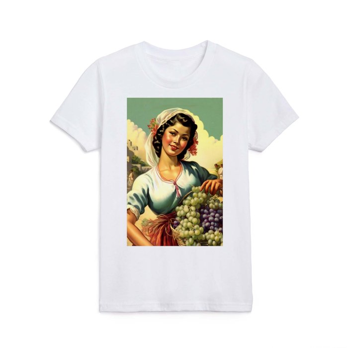 Beautiful Vintage Mexican Calendar Girl in Grape Harvest Kids T Shirt
