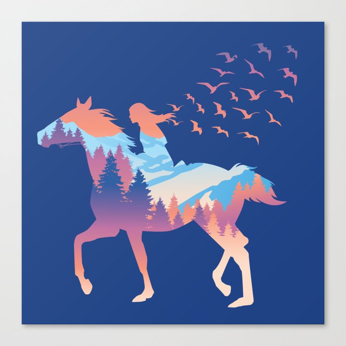 Girl's silhouette riding a horse Canvas Print