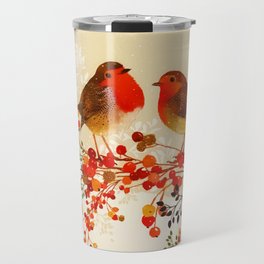 Red Gold Winter Birds Holly Berry Branches Watercolor Travel Mug