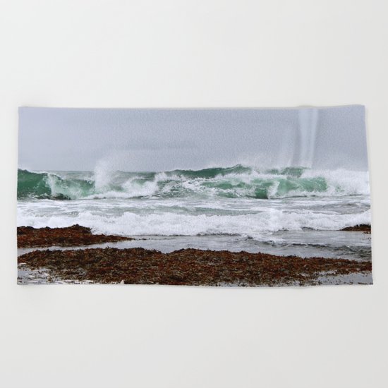 Green Waves Crashing into White Foam Beach Towel