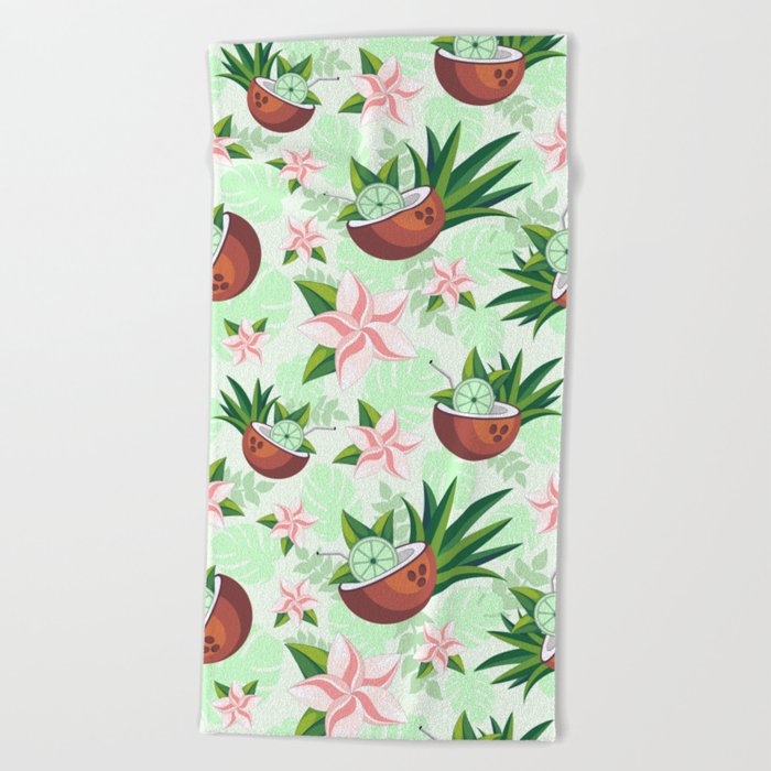 Lime in Coconut with Pink Plumeria Flowers Tropical Summer Pattern Beach Towel