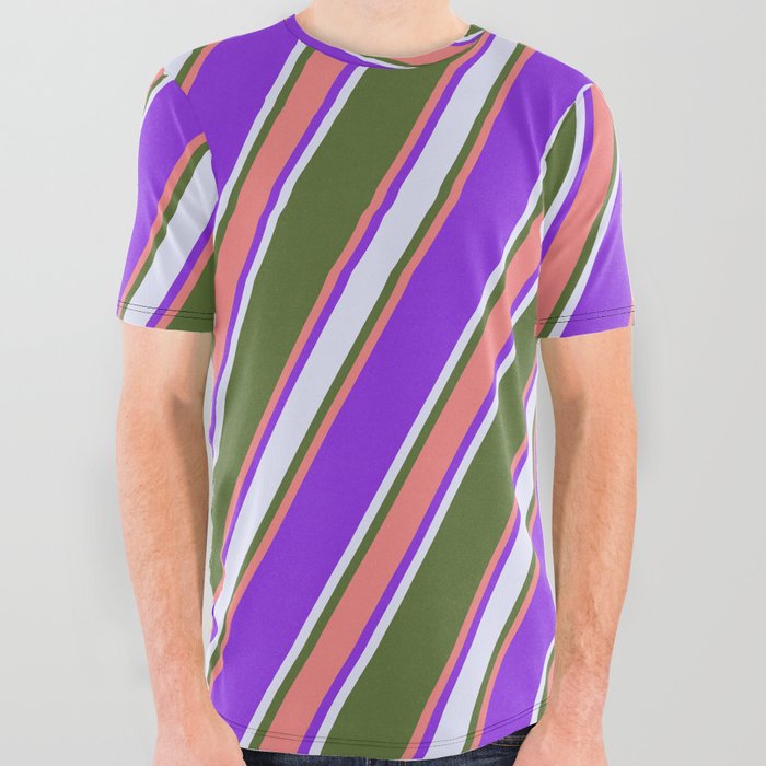Dark Olive Green, Light Coral, Purple & Lavender Colored Stripes/Lines Pattern All Over Graphic Tee