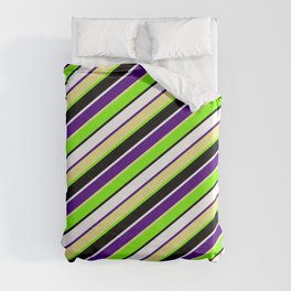[ Thumbnail: Eye-catching Indigo, Tan, Green, Black & White Colored Lined/Striped Pattern Duvet Cover ]
