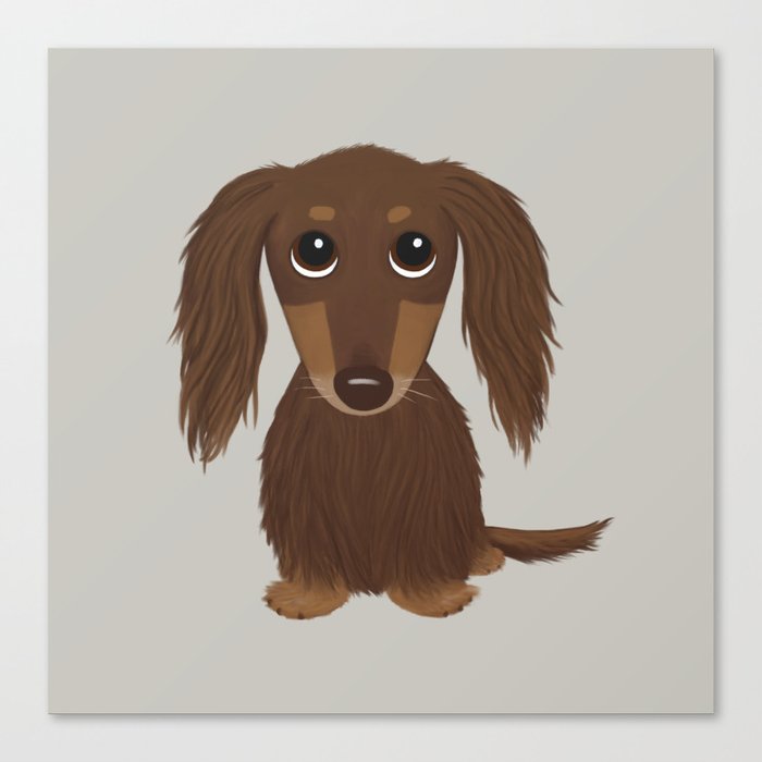 Cute Dog - Longhaired Chocolate Dachshund Cartoon Wiener Dog Canvas Print