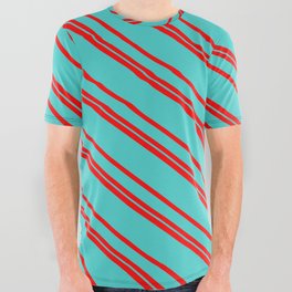 [ Thumbnail: Red & Turquoise Colored Stripes/Lines Pattern All Over Graphic Tee ]
