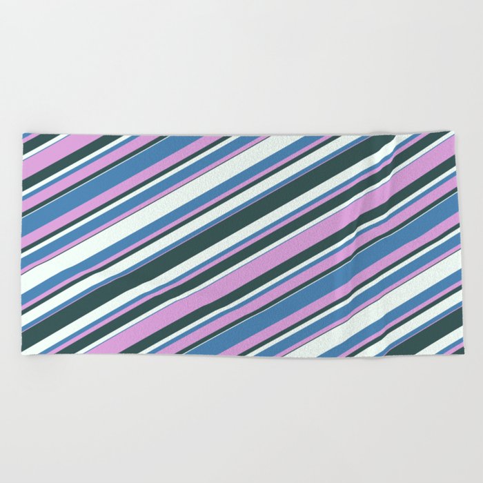 Blue, Plum, Dark Slate Gray, and Mint Cream Colored Lined/Striped Pattern Beach Towel