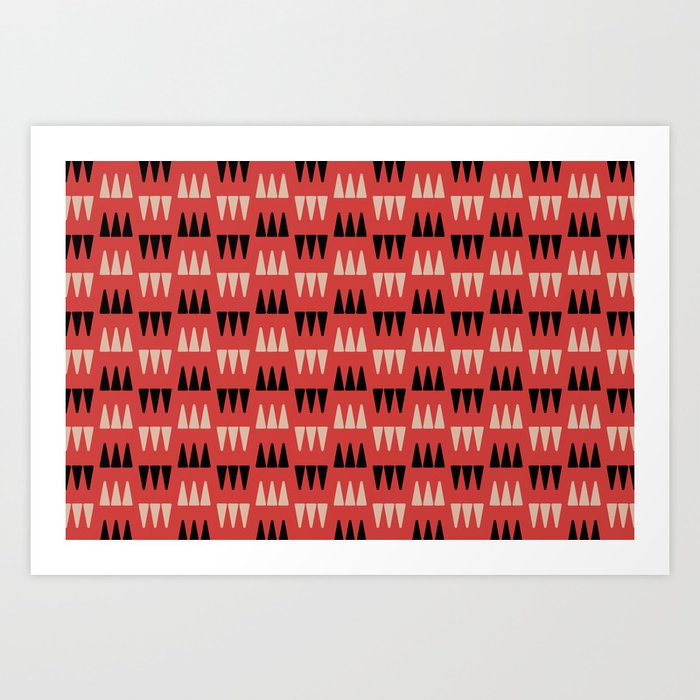 Retro Modernist Geometric Tri-Triangle Pattern 728 Red Black and Beige Art Print