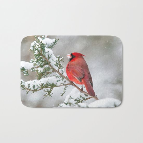 Snow on His Face (Northern Cardinal) Bath Mat