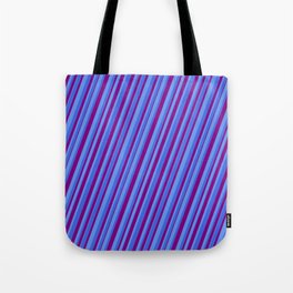 [ Thumbnail: Cornflower Blue, Royal Blue & Purple Colored Pattern of Stripes Tote Bag ]