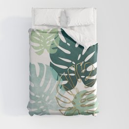 Tropical minimal / green, turquoise and gold monstera Duvet Cover