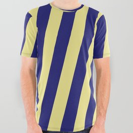 [ Thumbnail: Midnight Blue & Tan Colored Striped Pattern All Over Graphic Tee ]