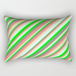 [ Thumbnail: Vibrant Gray, Salmon, Tan, Light Cyan & Lime Colored Striped Pattern Rectangular Pillow ]